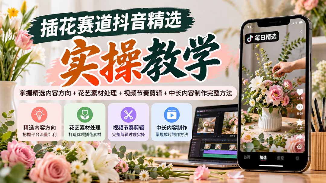 插花赛道抖音精选实操教学:掌握精选内容方向+花艺素材处理+视频节奏剪辑+中长内容制作完整方法-橙心云网创
