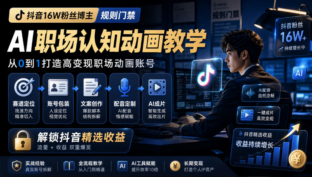 抖音16W粉丝博主规则门禁的AI职场认知动画教学,从赛道定位、账号包装,到文案创作、配音定制、AI成片,解锁抖音精选收益-橙心云网创