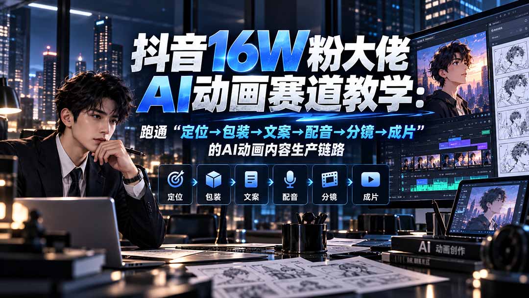 抖音16W粉大佬规则门禁AI动画赛道教学:跑通“定位→包装→文案→配音→分镜→成片”的AI动画内容生产链路-橙心云网创