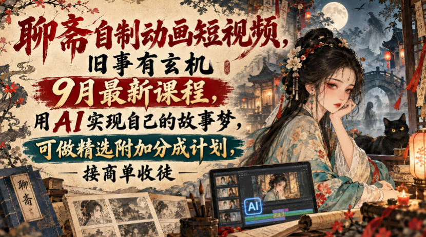 聊斋自制动画短视频,旧事有玄机9月最新课程,用AI实现自己的故事梦,可做精选附加分成计划,接商单收徒-橙心云网创
