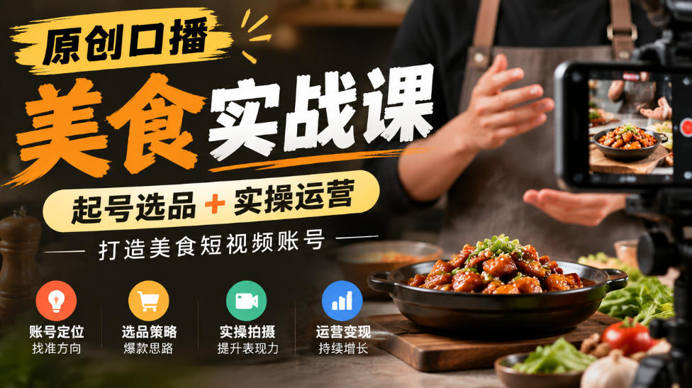 原创口播美食实战课,起号选品+实操运营,打造美食短视频账号-橙心云网创