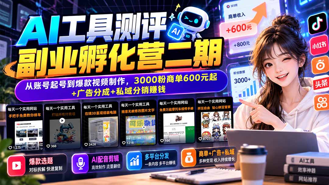 AI工具测评副业孵化营二期:从账号起号到爆款视频制作,3000粉商单600元起+广告分成+私域分销赚钱-橙心云网创