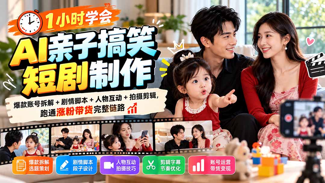 1小时学会AI亲子搞笑短剧制作:爆款账号拆解+剧情脚本+人物互动+拍摄剪辑,跑通涨粉带货完整链路-橙心云网创