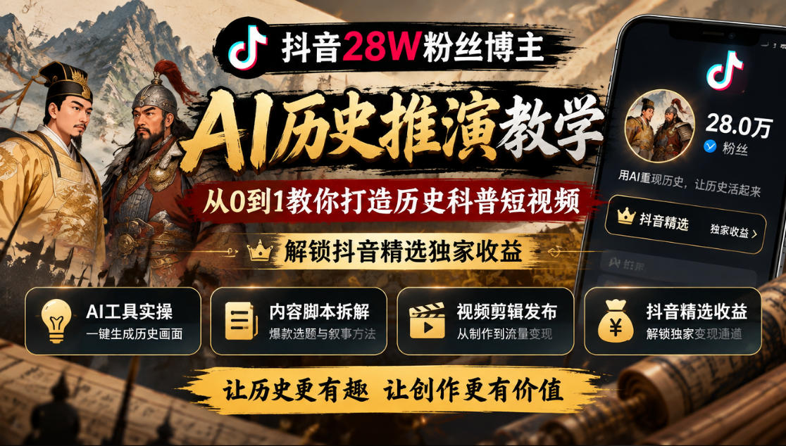 抖音28W粉丝博主的AI历史推演教学,从0到1教你打造历史科普短视频,解锁抖音精选独家收益-橙心云网创