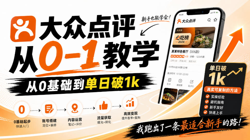 大众点评分成从0-1教学,从0基础到单日破1k,我跑出了一条最适合新手的路-橙心云网创