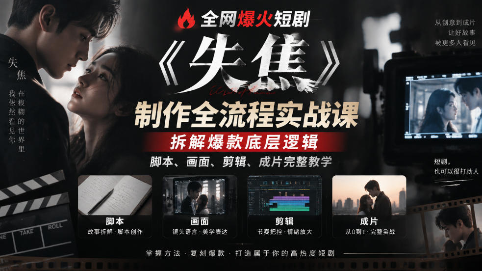 全网爆火短剧《失焦》制作全流程实战课|拆解爆款底层逻辑,脚本、画面、剪辑、成片完整教学-橙心云网创