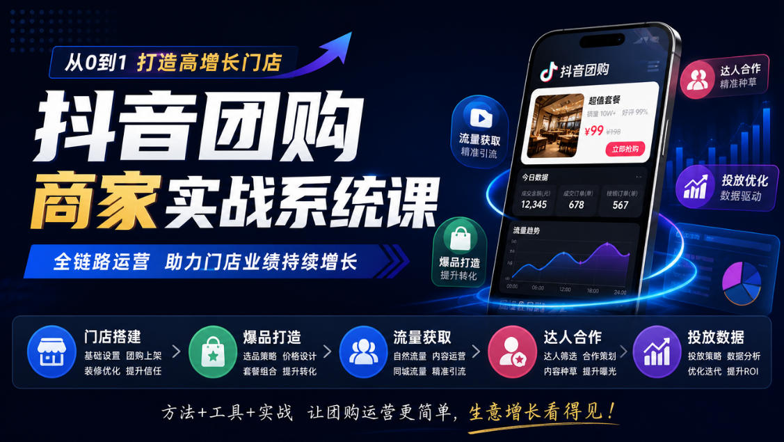 抖音团购商家实战系统课|门店搭建、爆品打造、流量获取、达人合作、投放数据全链路运营-橙心云网创