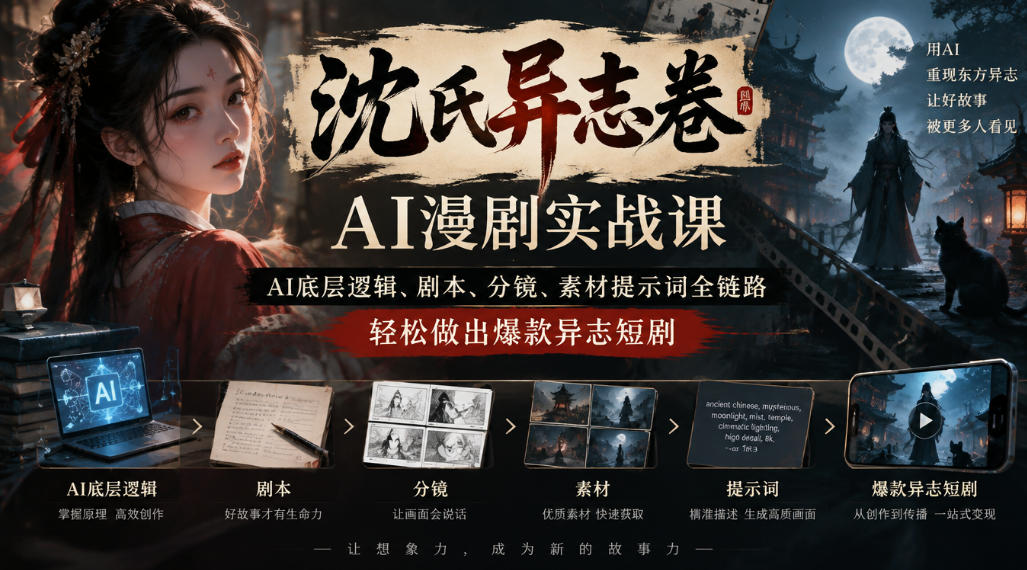 沈氏异志卷AI漫剧实战课|AI底层逻辑、剧本、分镜、素材提示词全链路,轻松做出爆款异志短剧-橙心云网创