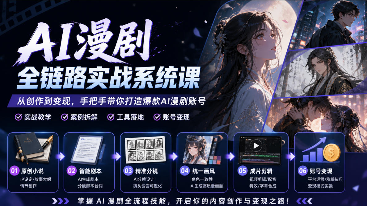 AI漫剧全链路实战系统课|原创小说、智能剧本、精准分镜、统一画风、成片剪辑、账号变现实操教学-橙心云网创