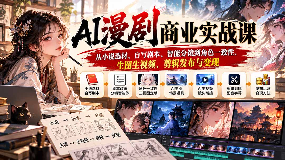 AI漫剧商业实战课:从小说选材、自写剧本、智能分镜到角色一致性、生图生视频、剪辑发布与变现-橙心云网创