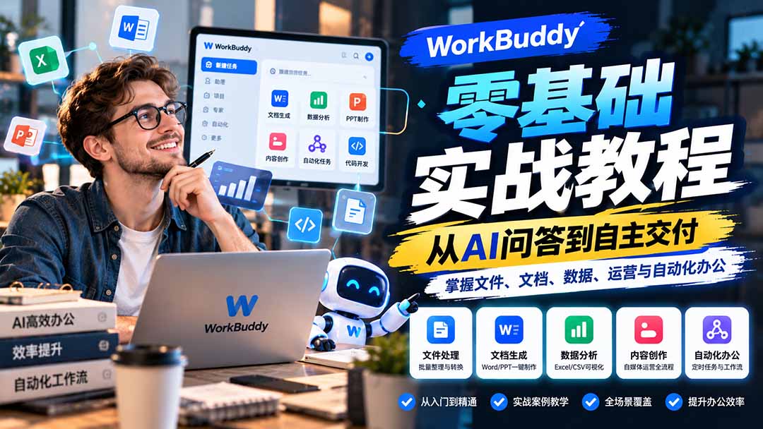 WorkBuddy零基础实战教程:从AI问答到自主交付,掌握文件、文档、数据、运营与自动化办公-橙心云网创