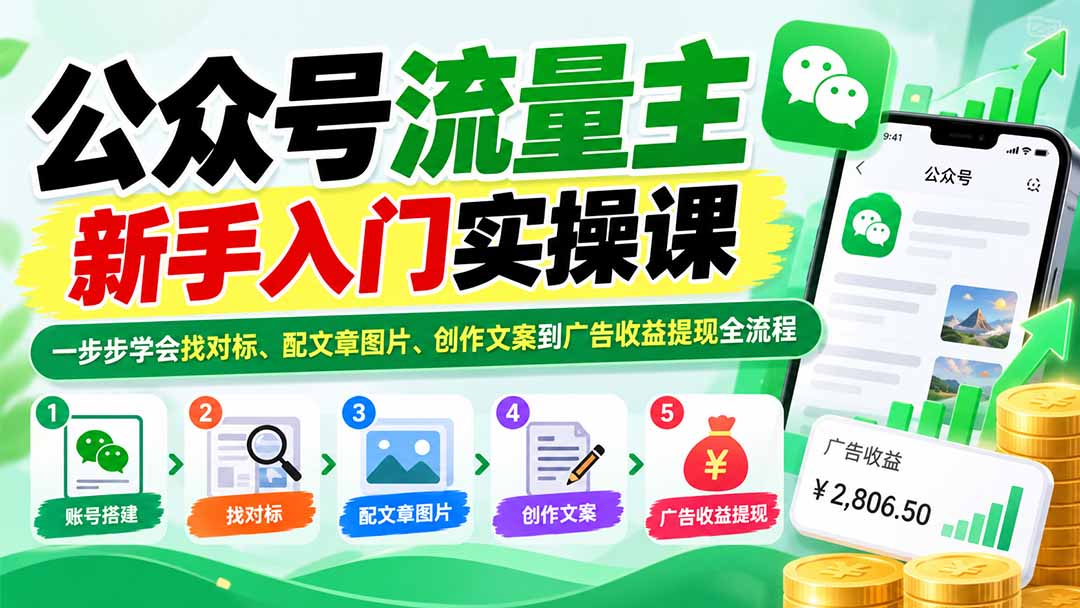 公众号流量主新手入门实操课:一步步学会找对标、配文章图片、创作文案到广告收益提现全流程-橙心云网创