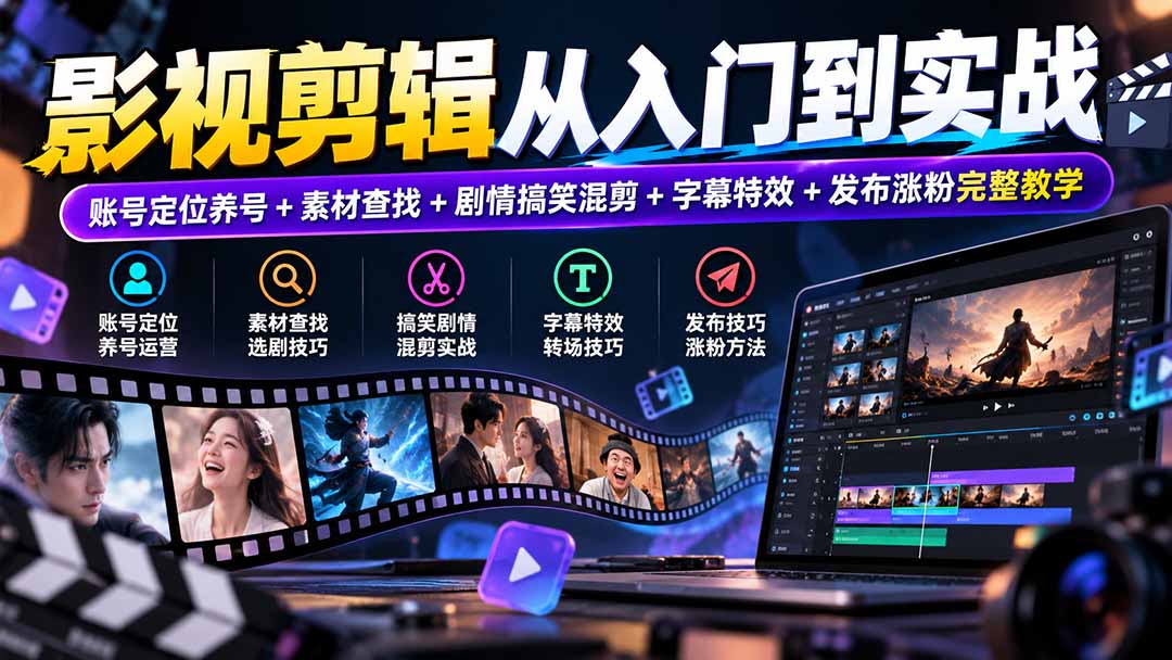 影视剪辑从入门到实战:账号定位养号+素材查找+剧情搞笑混剪+字幕特效+发布涨粉完整教学-橙心云网创