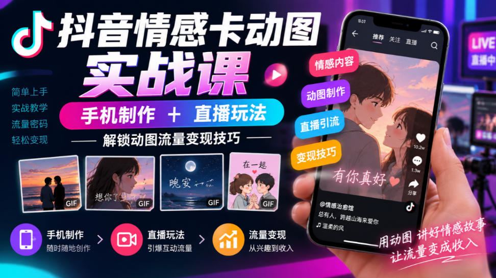 抖音情感卡动图实战课|手机制作+直播玩法,解锁动图流量变现技巧-橙心云网创