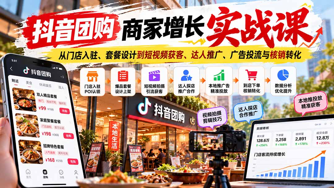 抖音团购商家增长实战课:从门店入驻、套餐设计到短视频获客、达人推广、广告投流与核销转化-橙心云网创
