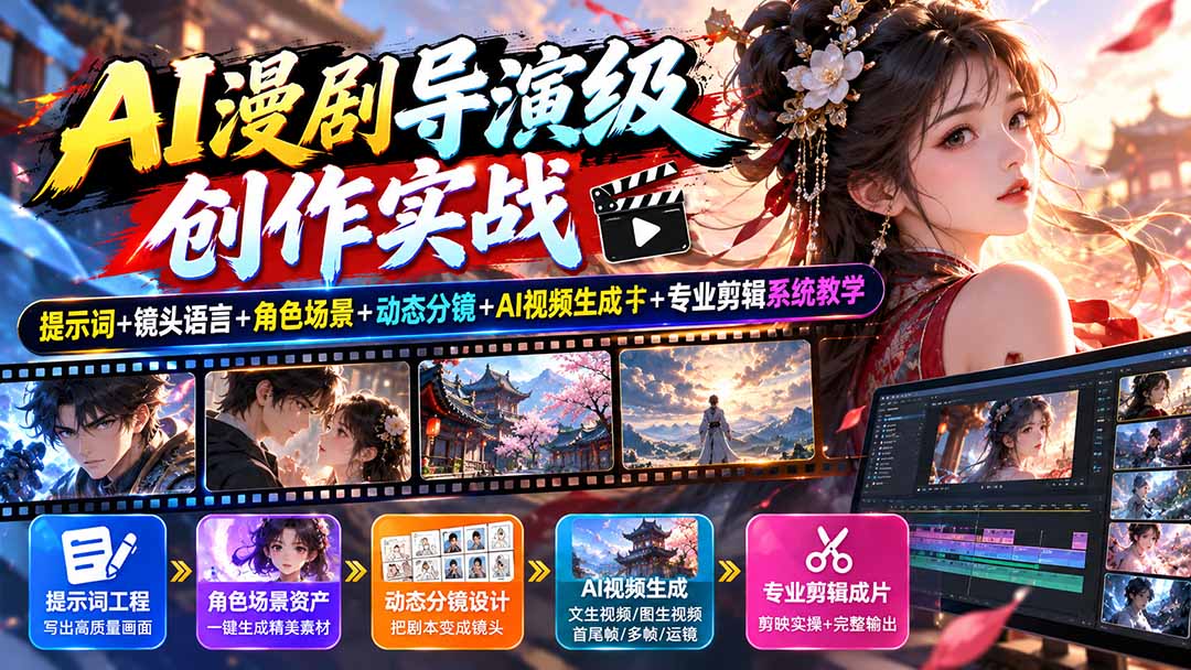 AI漫剧导演级创作实战:提示词+镜头语言+角色场景+动态分镜+AI视频生成+专业剪辑系统教学-橙心云网创