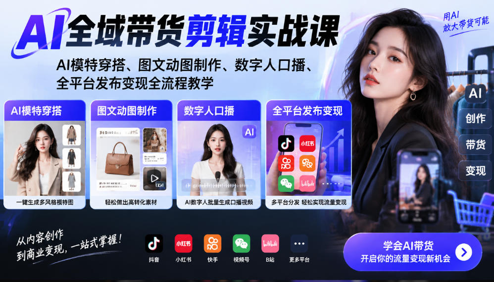AI全域带货剪辑实战课|AI模特穿搭、图文动图制作、数字人口播、全平台发布变现全流程教学-橙心云网创