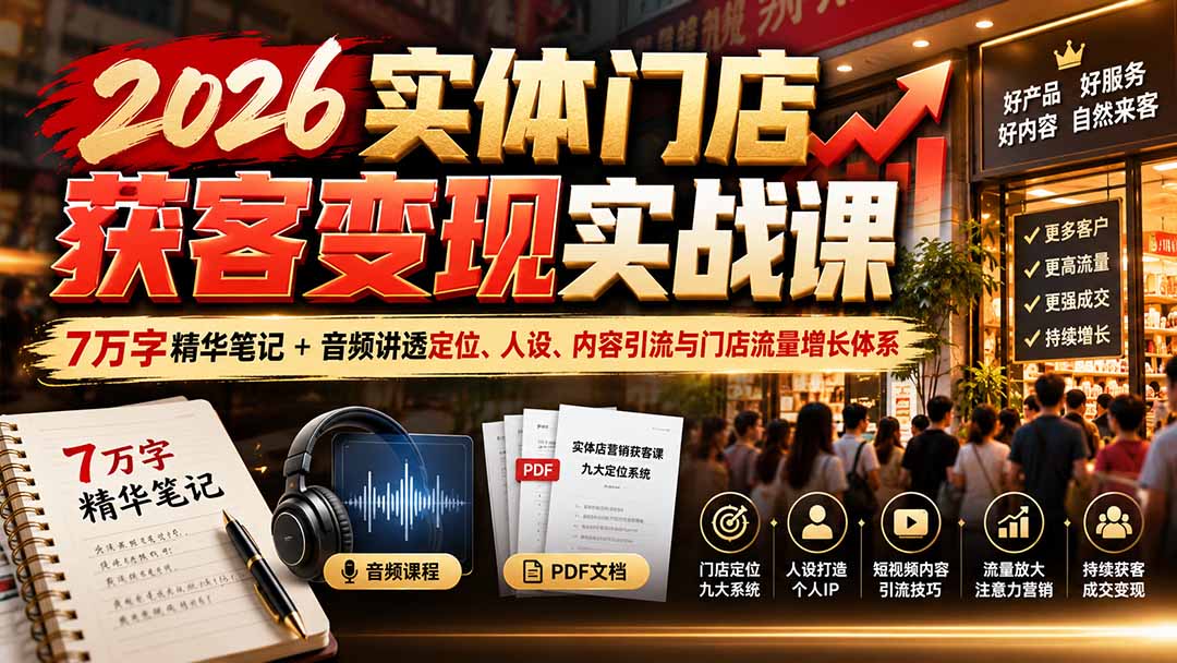 2026实体门店获客变现实战课:7万字精华笔记+音频讲透定位、人设、内容引流与门店流量增长体系-橙心云网创
