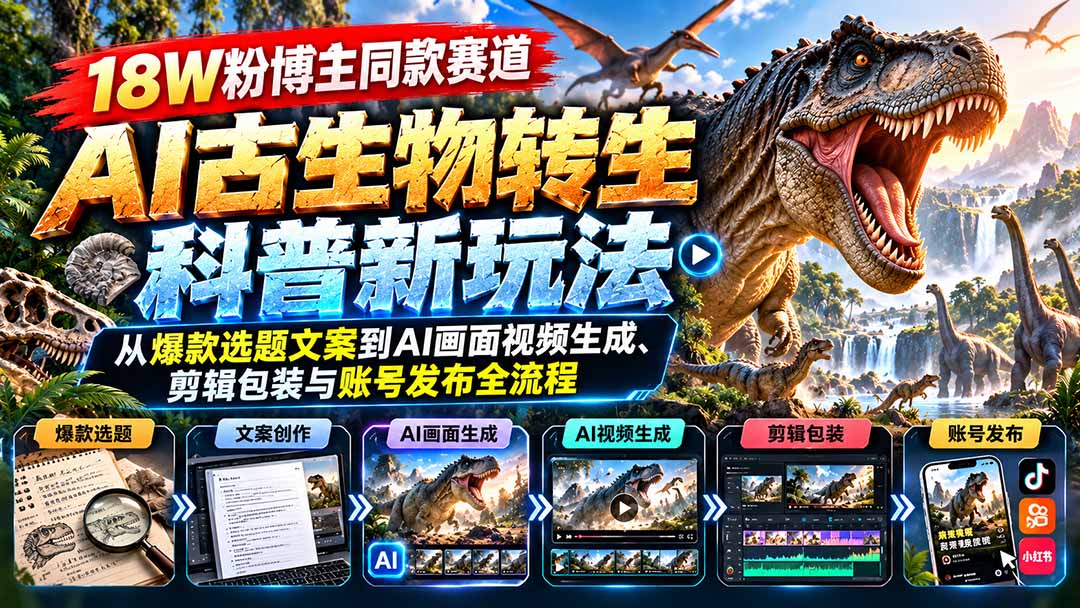 18W粉博主同款赛道-AI古生物转生科普新玩法:从爆款选题文案到AI画面视频生成、剪辑包装与账号发布全流程-橙心云网创