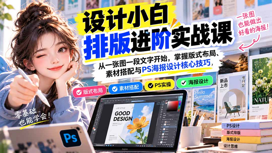 设计小白排版进阶实战课:从一张图一段文字开始,掌握版式布局、素材搭配与PS海报设计核心技巧-橙心云网创