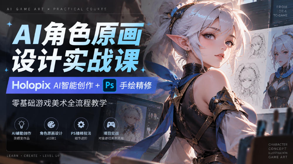 AI角色原画设计实战课|Holopix AI智能创作+PS手绘精修,零基础游戏美术全流程教学-橙心云网创