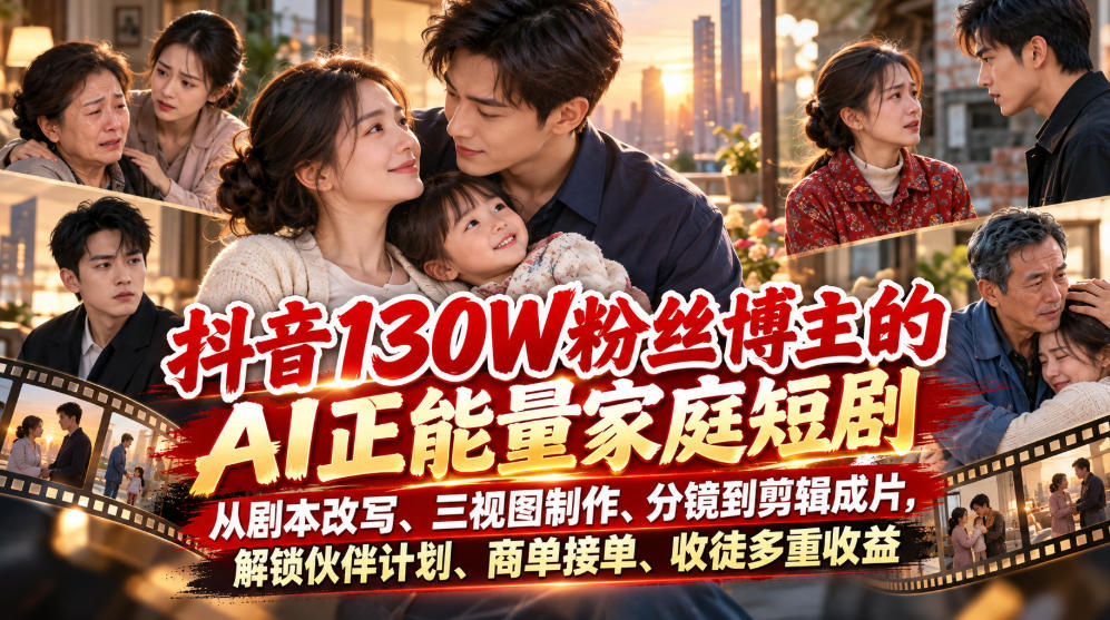 抖音130W粉丝博主的AI正能量家庭短剧,从剧本改写、三视图制作、分镜到剪辑成片,解锁伙伴计划、商单接单、收徒多重收益(更新1007)-橙心云网创