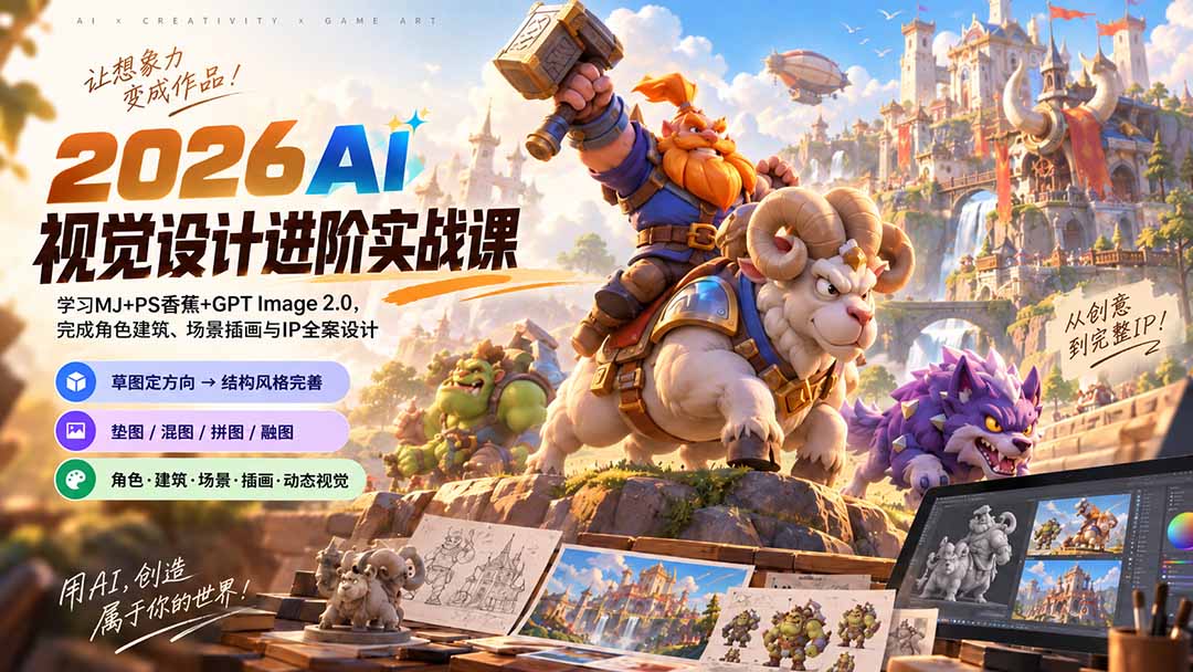 2026AI视觉设计进阶实战课-更新1007:学习MJ+PS香蕉+GPT Image 2.0,完成角色建筑、场景插画与IP全案设计-橙心云网创