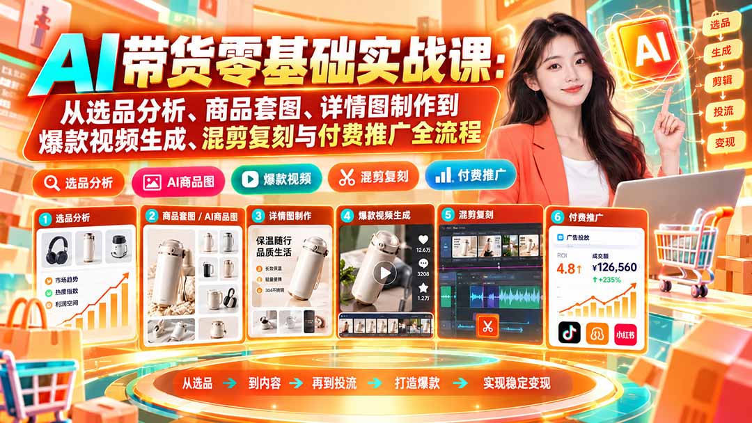 AI带货零基础实战课：从选品分析、商品套图、详情图制作到爆款视频生成、混剪复刻与付费推广全流程-橙心云网创