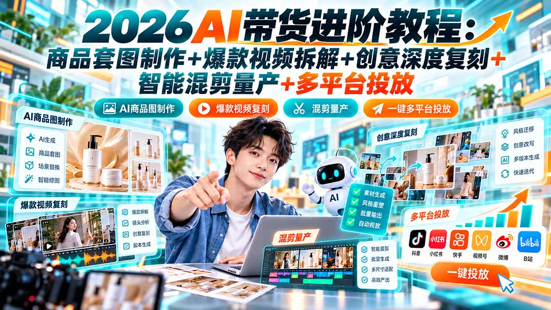2026AI带货进阶教程：商品套图制作+爆款视频拆解+创意深度复刻+智能混剪量产+多平台投放-橙心云网创