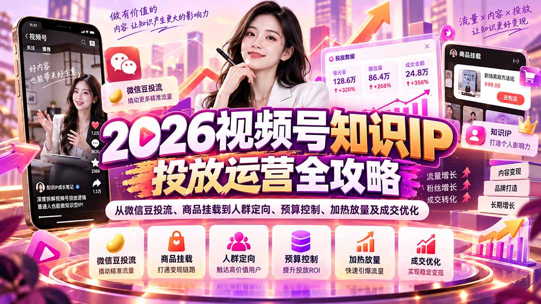 2026视频号知识IP投放运营全攻略：从微信豆投流、商品挂载到人群定向、预算控制、加热放量及成交优化-橙心云网创