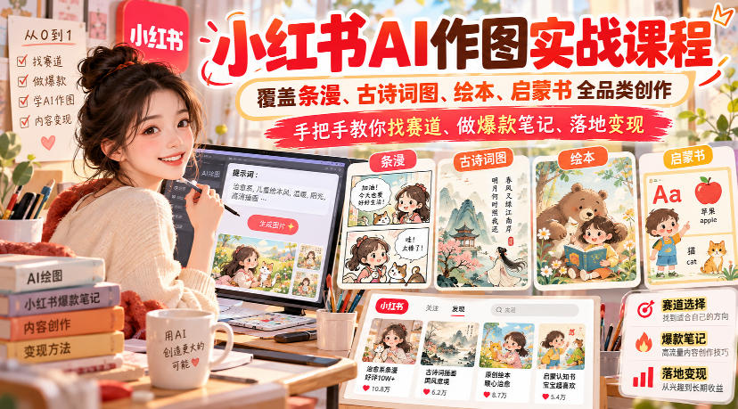 小红书AI作图实战课程，覆盖条漫、古诗词图、绘本、启蒙书全品类创作，手把手教你找赛道、做爆款笔记、落地变现(更新1009)-橙心云网创