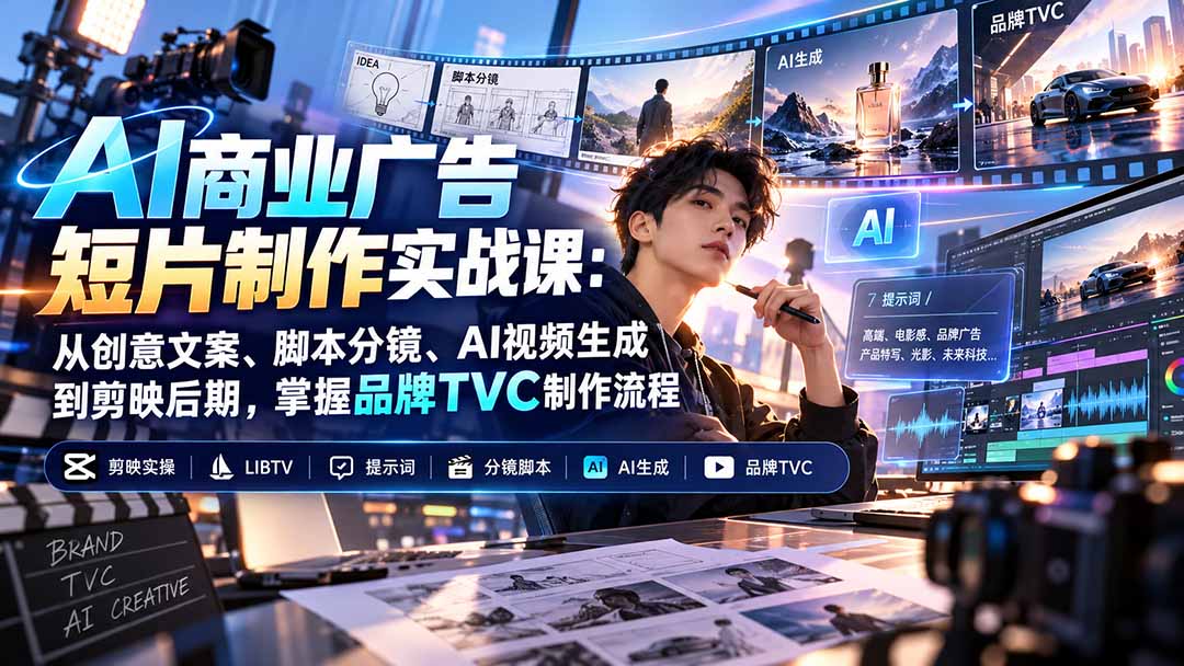 AI商业广告短片制作实战课：从创意文案、脚本分镜、AI视频生成到剪映后期，掌握品牌TVC制作流程-橙心云网创