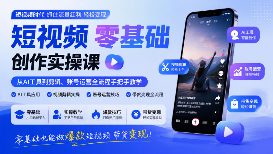 短视频零基础创作实操课，从AI工具到剪辑、账号运营全流程手把手教学，零基础也能做爆款短视频带货变现-橙心云网创
