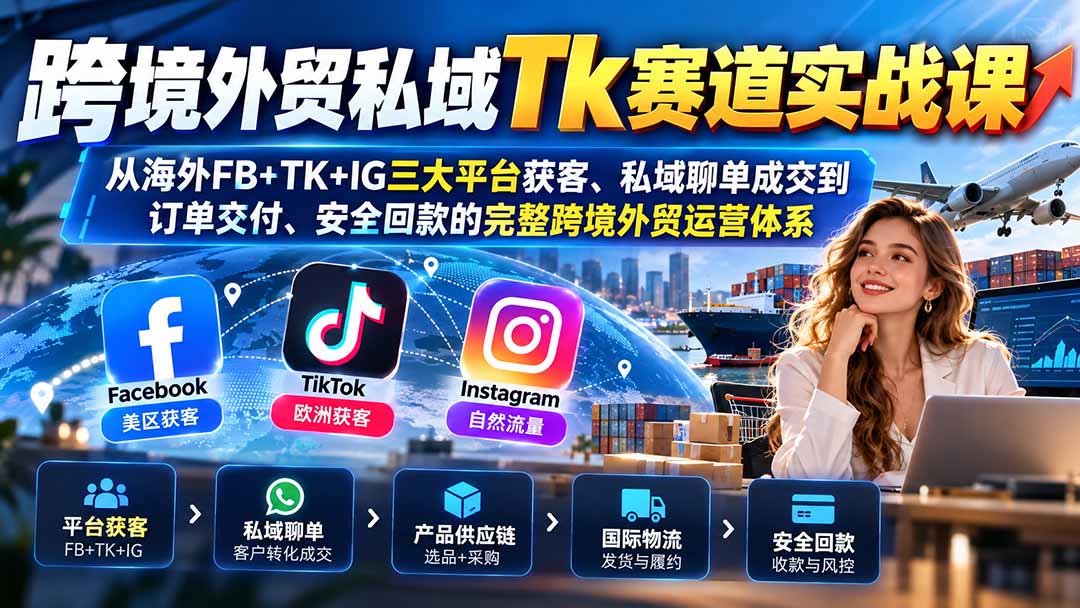 跨境外贸私域Tk赛道实战课：从海外FB+TK+IG三大平台获客、私域聊单成交到订单交付、安全回款的完整跨境外贸运营体系-橙心云网创