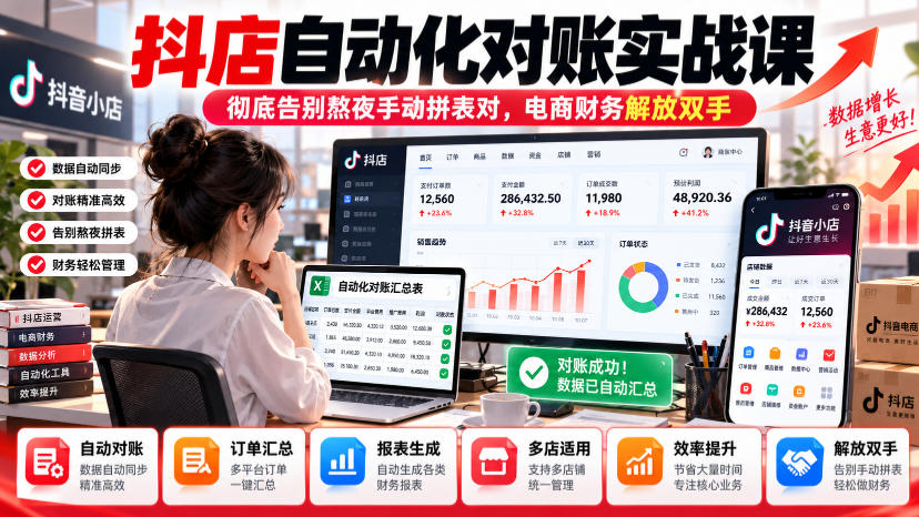 抖店自动化对账实战课，彻底告别熬夜手动拼表对，账电商财务解放双手-橙心云网创