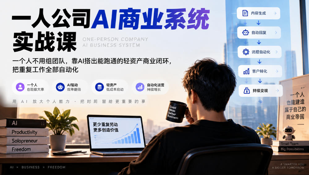 一人公司AI商业系统实战课，一个人不用组团队，靠AI搭出能跑通的轻资产商业闭环，把重复工作全部自动化-橙心云网创