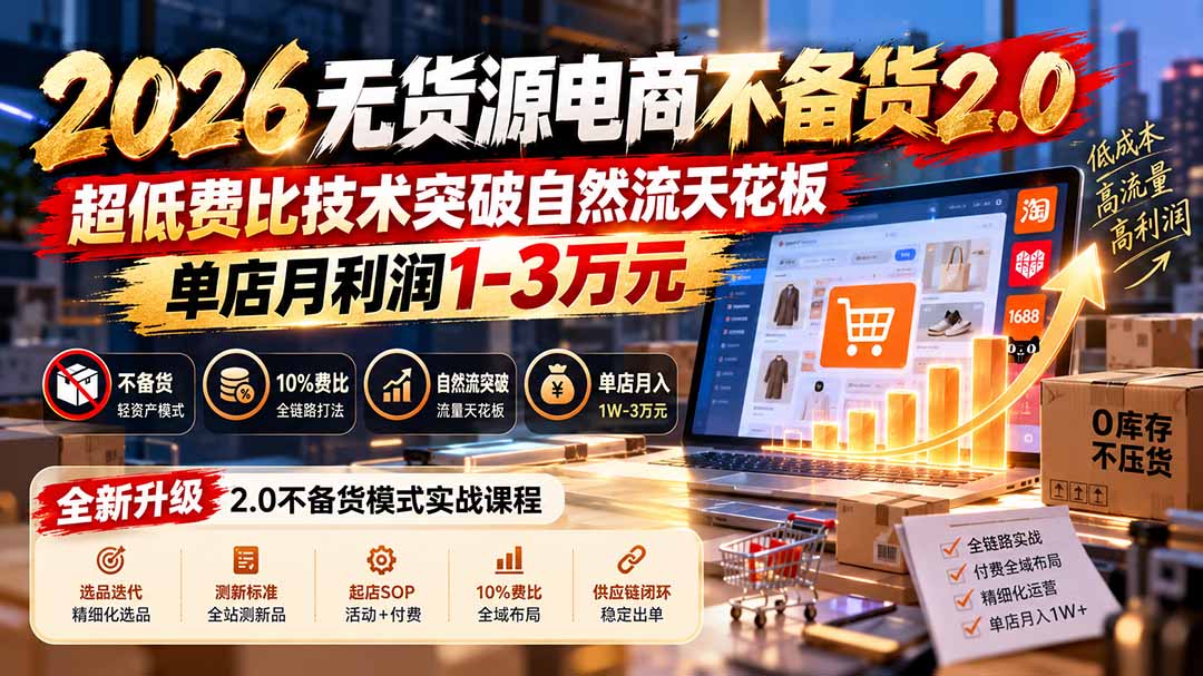 2026无货源电商不备货2.0【更新1010】：超低费比技术突破自然流天花板，单店月利润1-3万元-橙心云网创