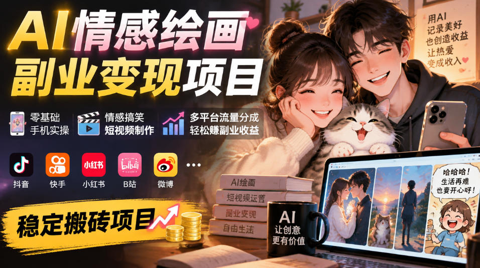 AI情感绘画副业变现项目｜零基础手机实操，情感搞笑短视频制作，多平台流量分成轻松賺副业收益-橙心云网创