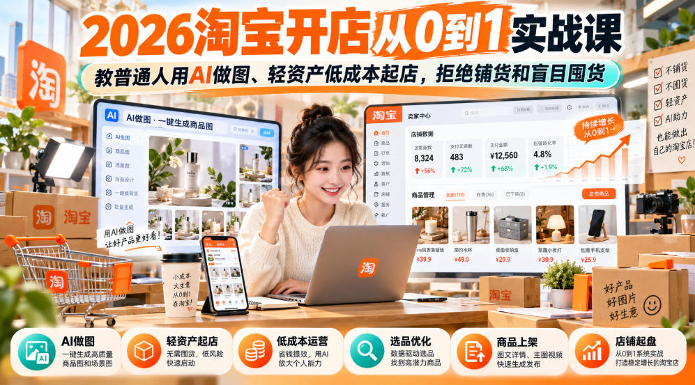 2026淘宝开店从0到1实战课，教普通人用AI做图、轻资产低成本起店，拒绝铺货和盲目囤货-橙心云网创