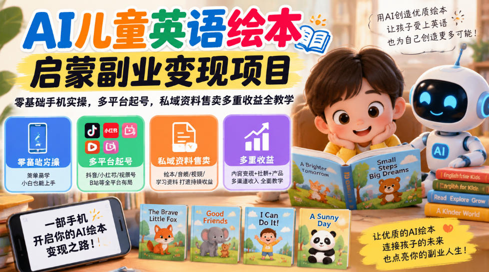 AI儿童英语绘本启蒙副业变现项目，零基础手机实操，多平台起号，私域资料售卖多重收益全教学-橙心云网创
