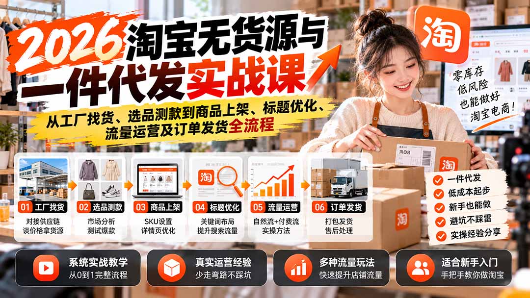 2026淘宝无货源与一件代发实战课：从工厂找货、选品测款到商品上架、标题优化、流量运营及订单发货全流程-橙心云网创